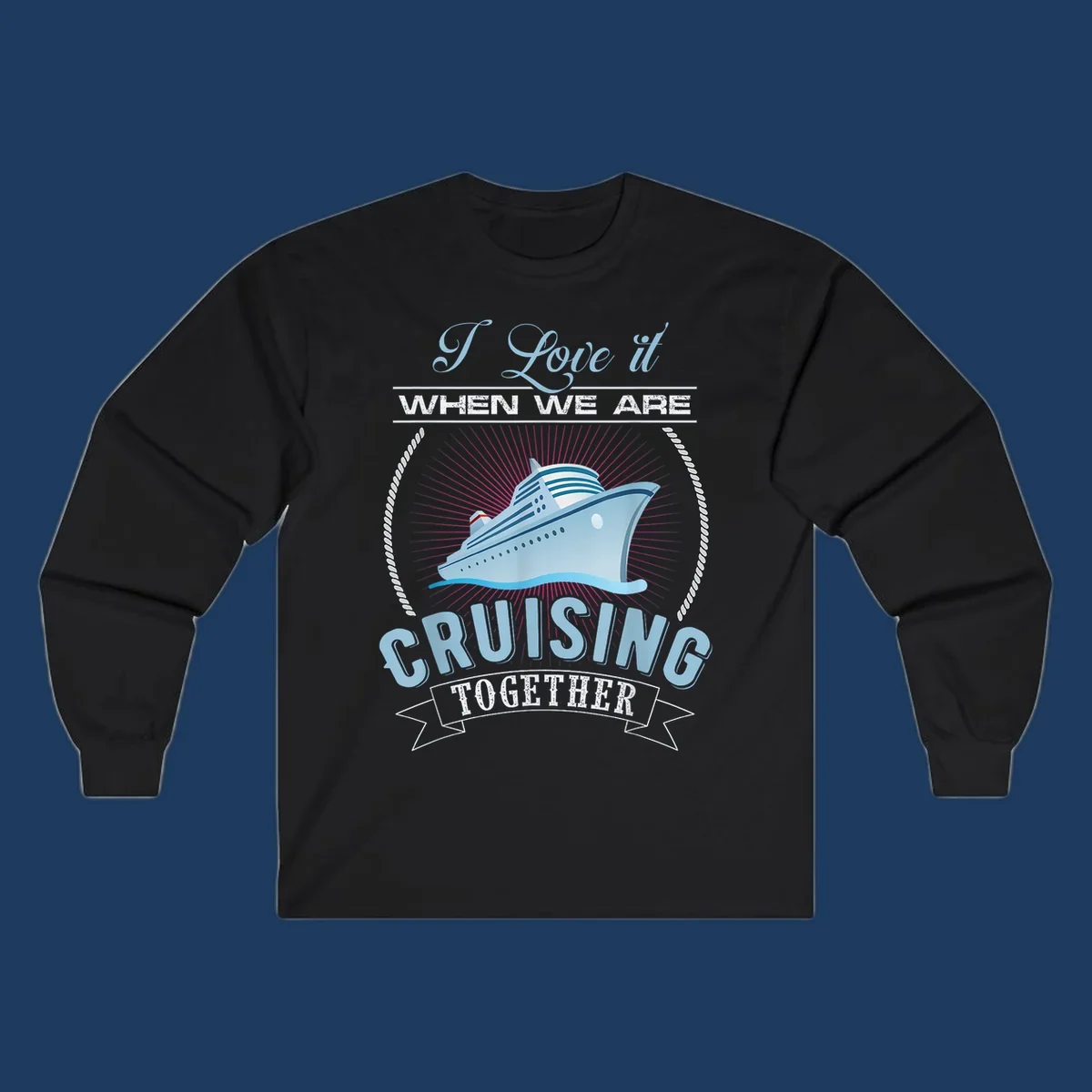 Vintage-style cruising together design with cruise ship, sun rays, and nautical ropes on gray background