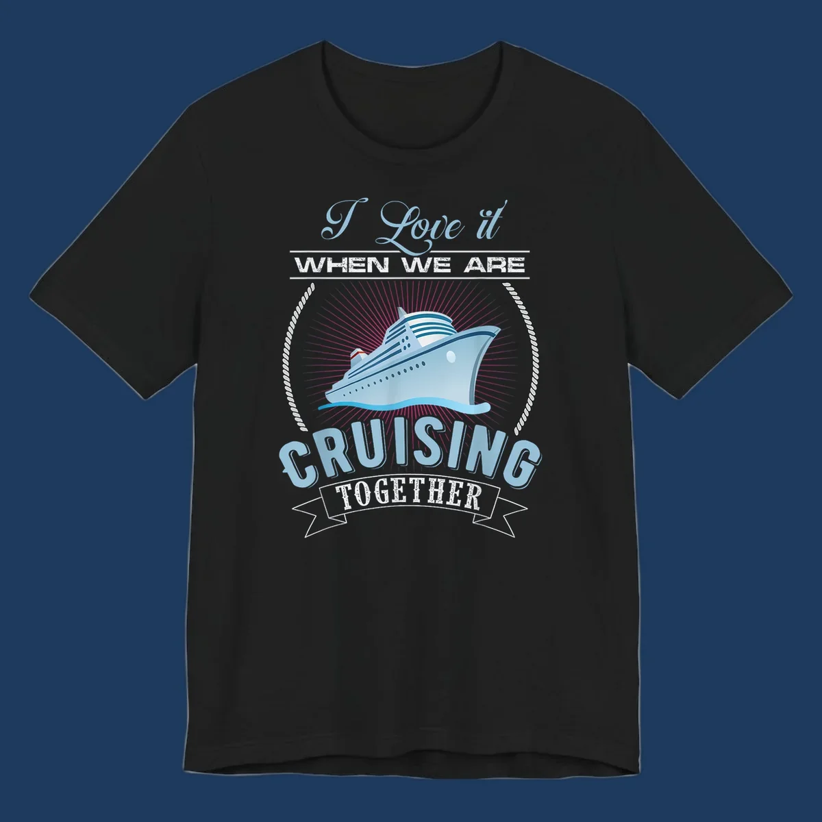 Vintage-style cruising together design with cruise ship, sun rays, and nautical ropes on gray background