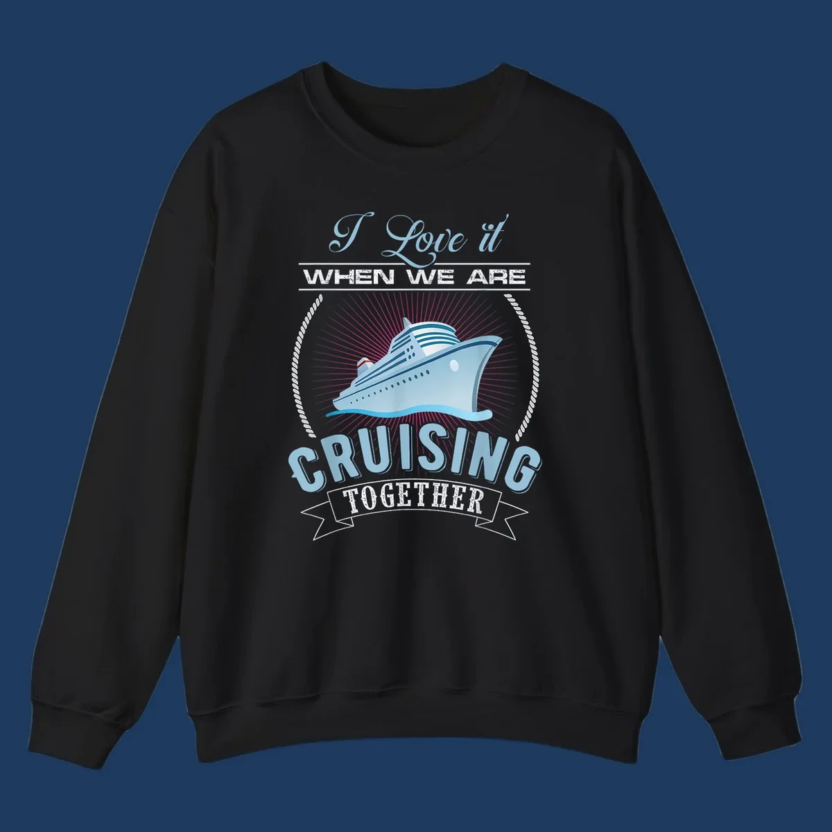 Vintage-style cruising together design with cruise ship, sun rays, and nautical ropes on gray background