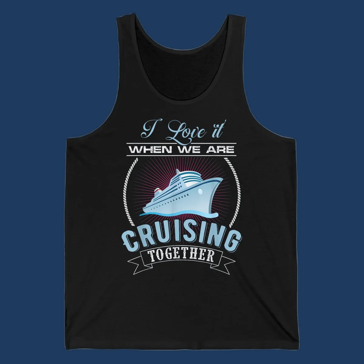 Vintage-style cruising together design with cruise ship, sun rays, and nautical ropes on gray background