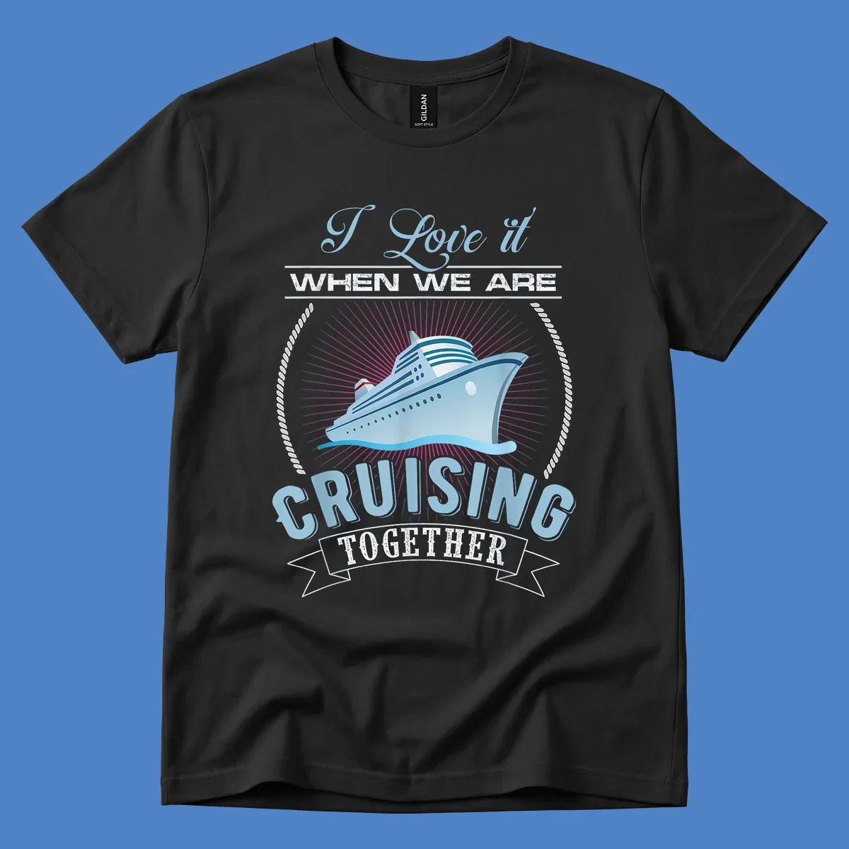 Vintage-style cruising together design with cruise ship, sun rays, and nautical ropes on gray background