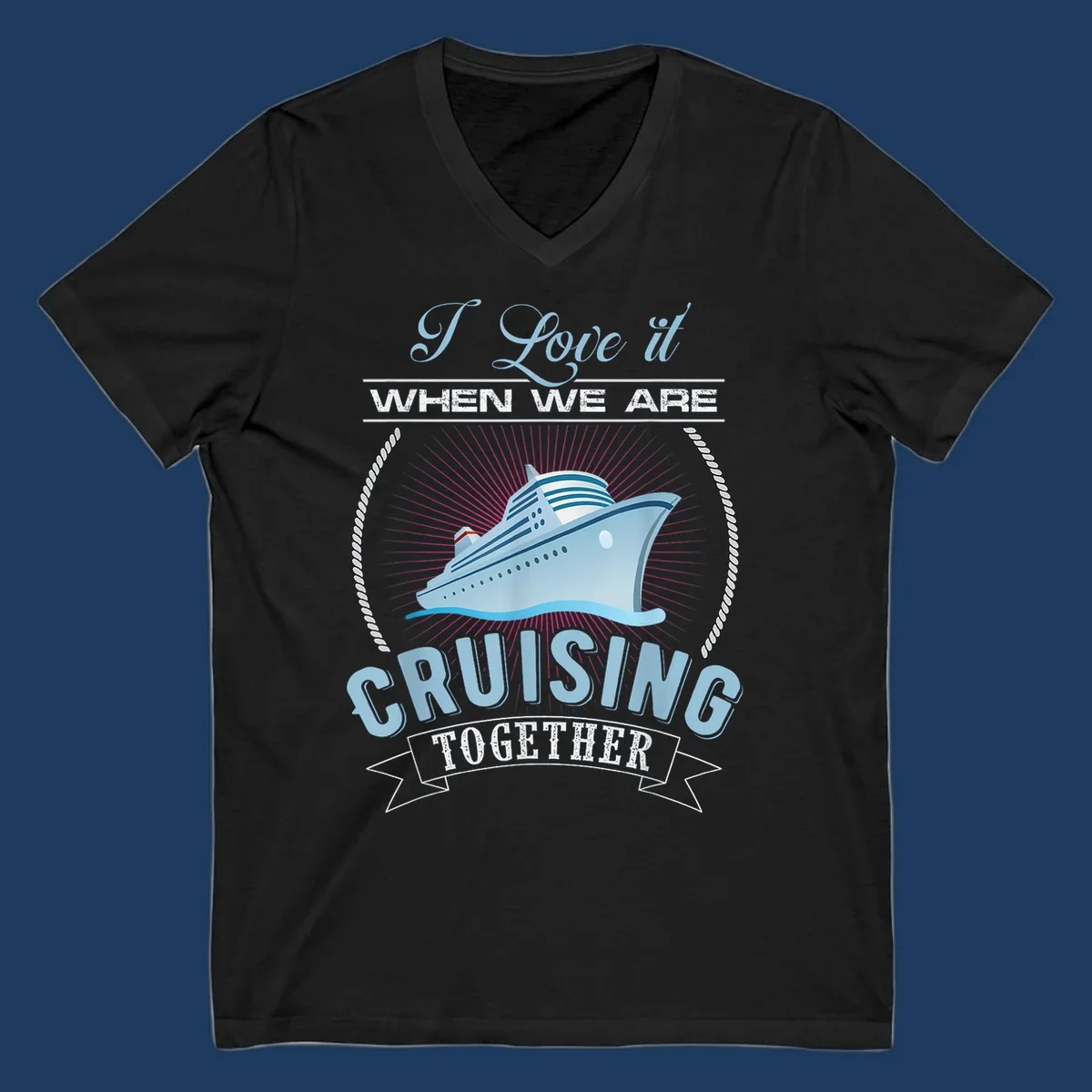 Vintage-style cruising together design with cruise ship, sun rays, and nautical ropes on gray background