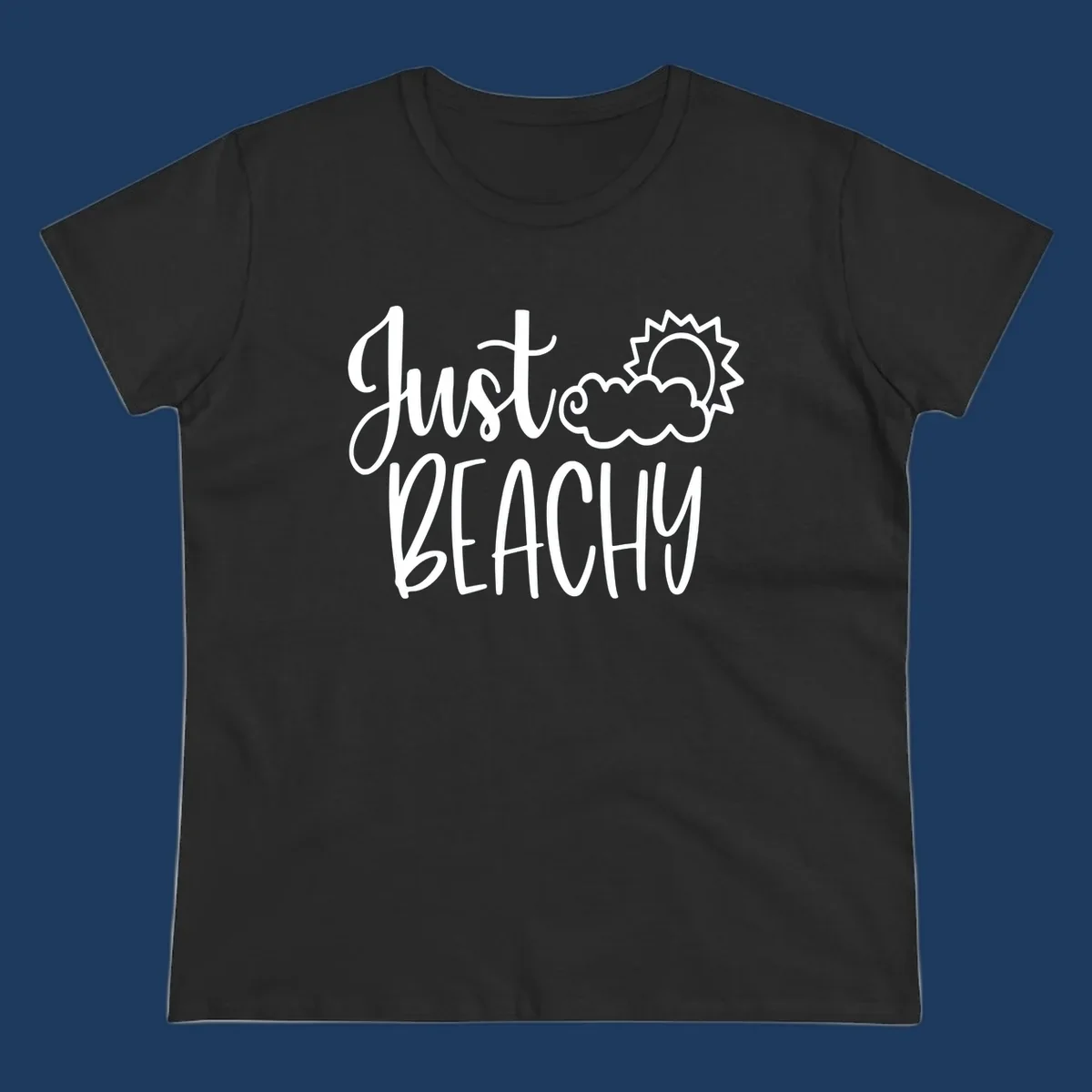White illustrated text reading 'Just Beachy' with a smiling sun and cloud graphic, capturing beach vacation vibes