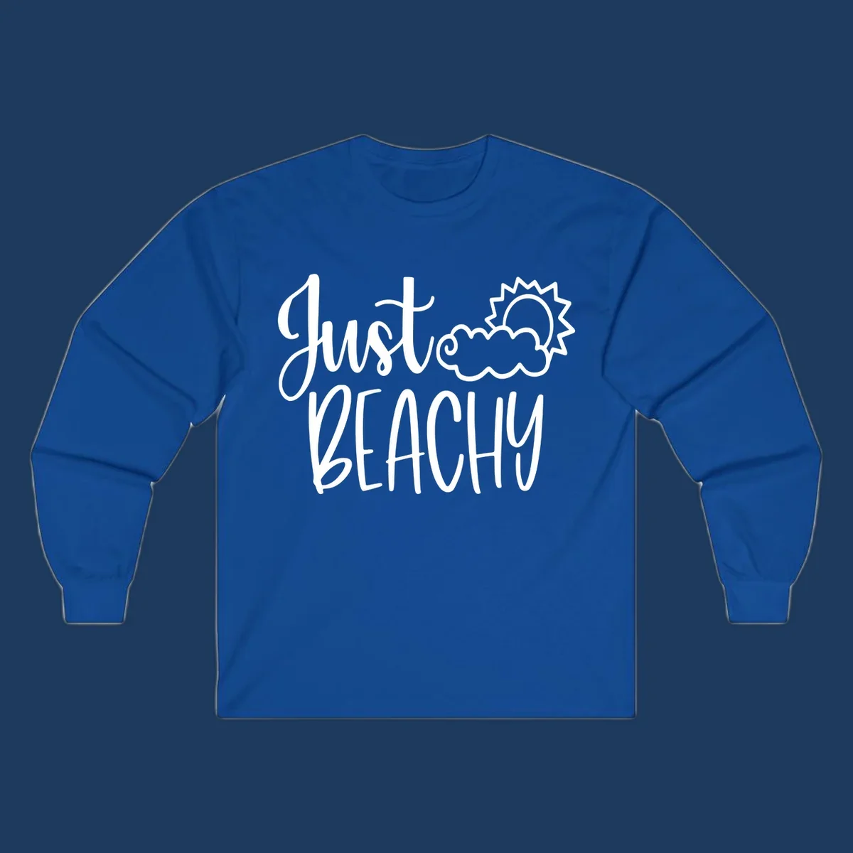 White illustrated text reading 'Just Beachy' with a smiling sun and cloud graphic, capturing beach vacation vibes