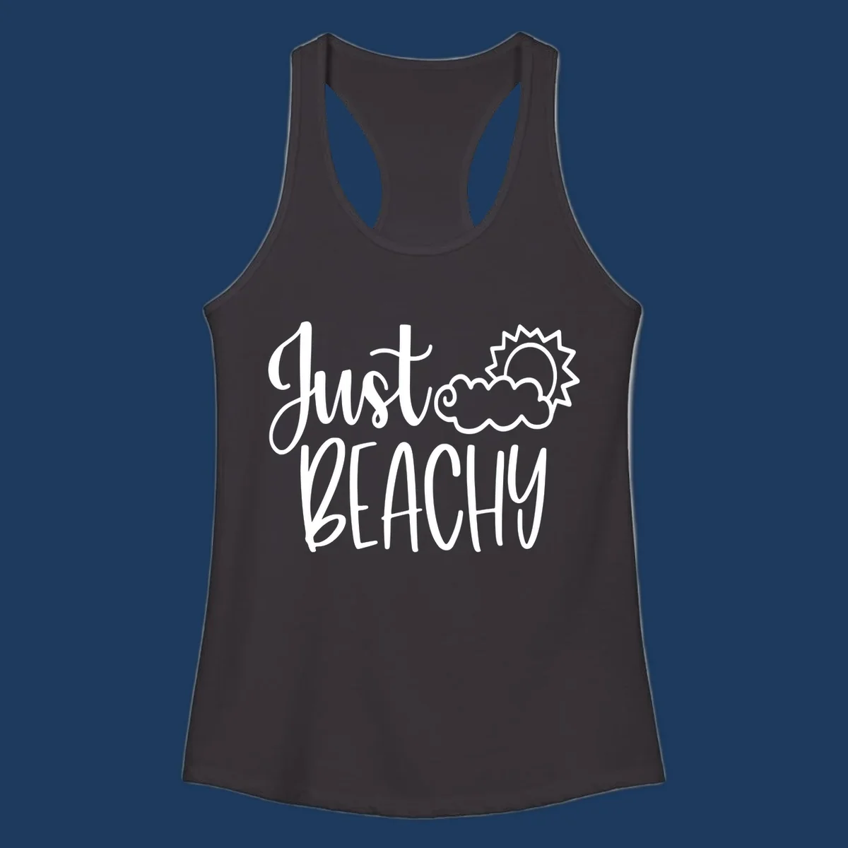 White illustrated text reading 'Just Beachy' with a smiling sun and cloud graphic, capturing beach vacation vibes
