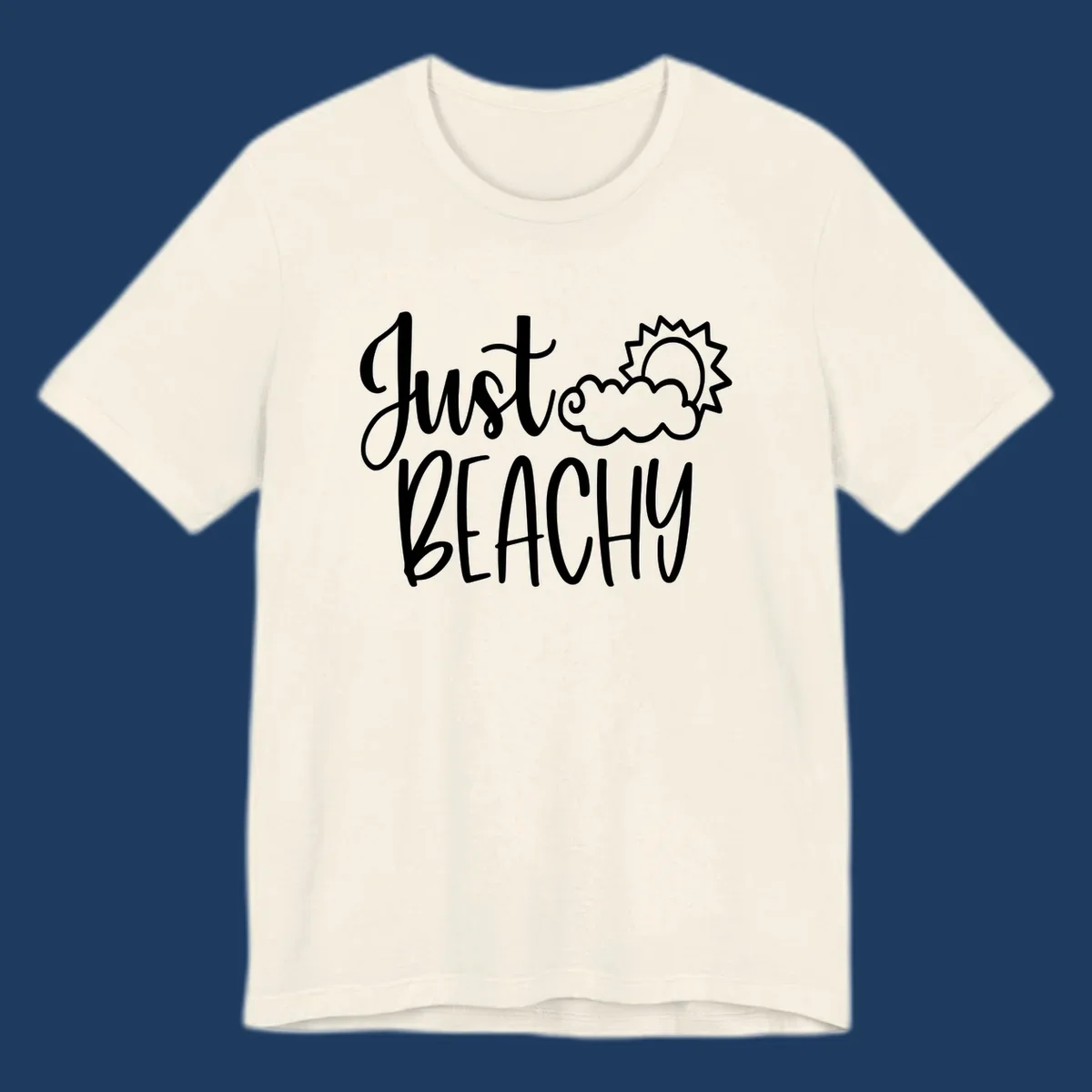 White illustrated text reading 'Just Beachy' with a smiling sun and cloud graphic, capturing beach vacation vibes