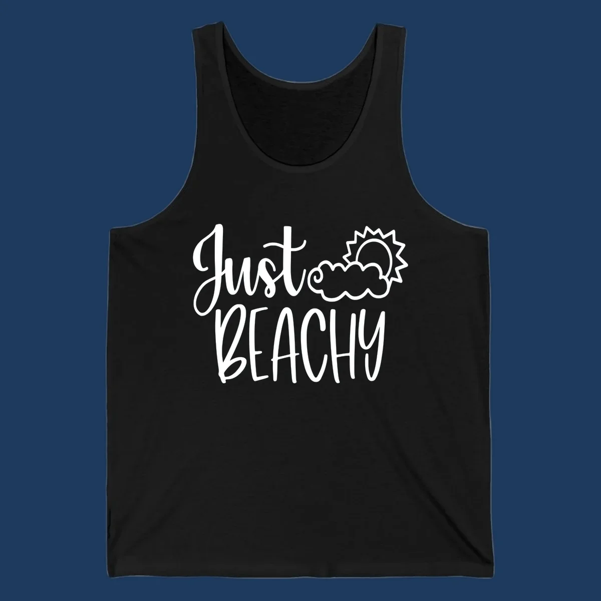 White illustrated text reading 'Just Beachy' with a smiling sun and cloud graphic, capturing beach vacation vibes