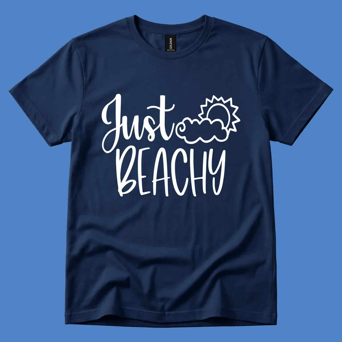 White illustrated text reading 'Just Beachy' with a smiling sun and cloud graphic, capturing beach vacation vibes