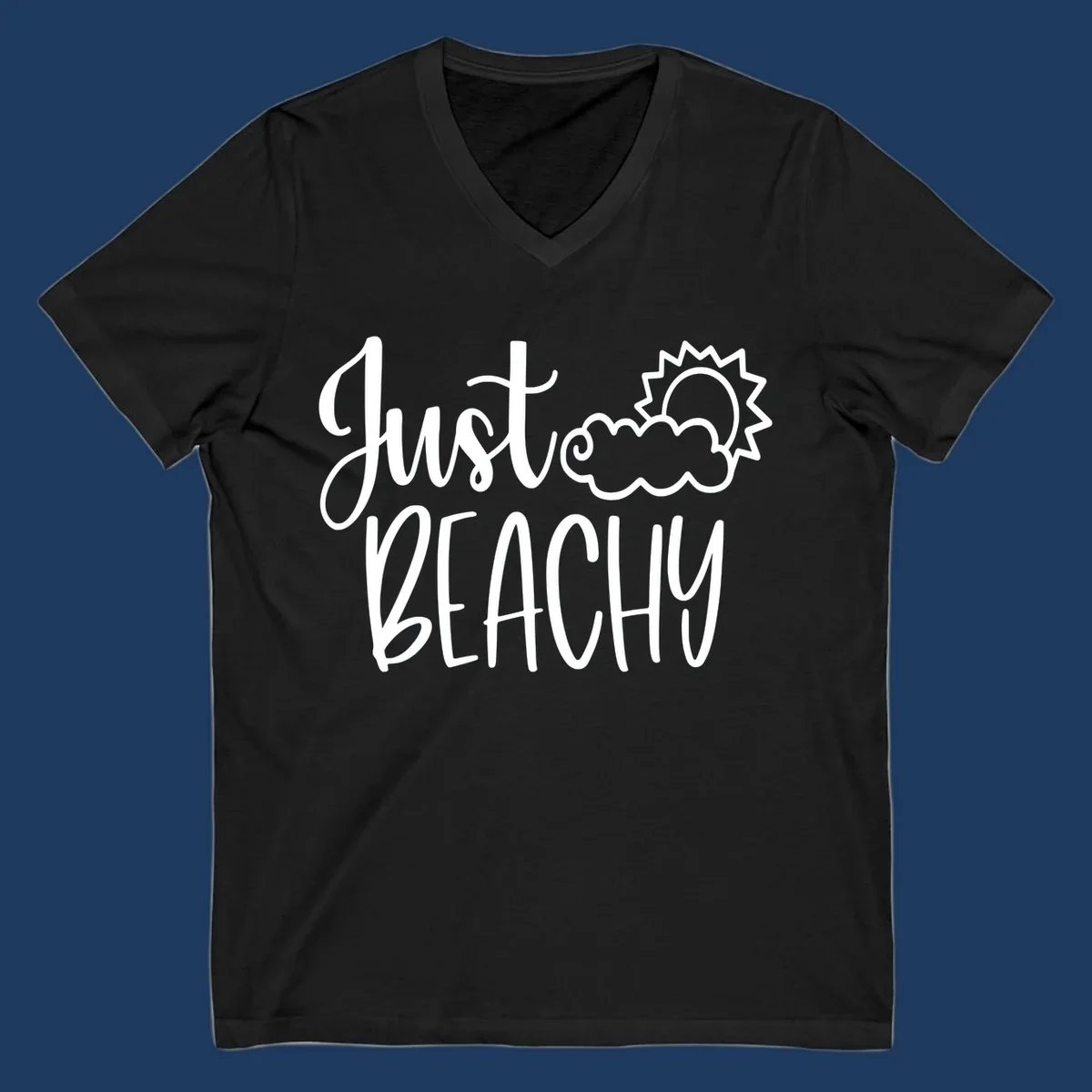 White illustrated text reading 'Just Beachy' with a smiling sun and cloud graphic, capturing beach vacation vibes