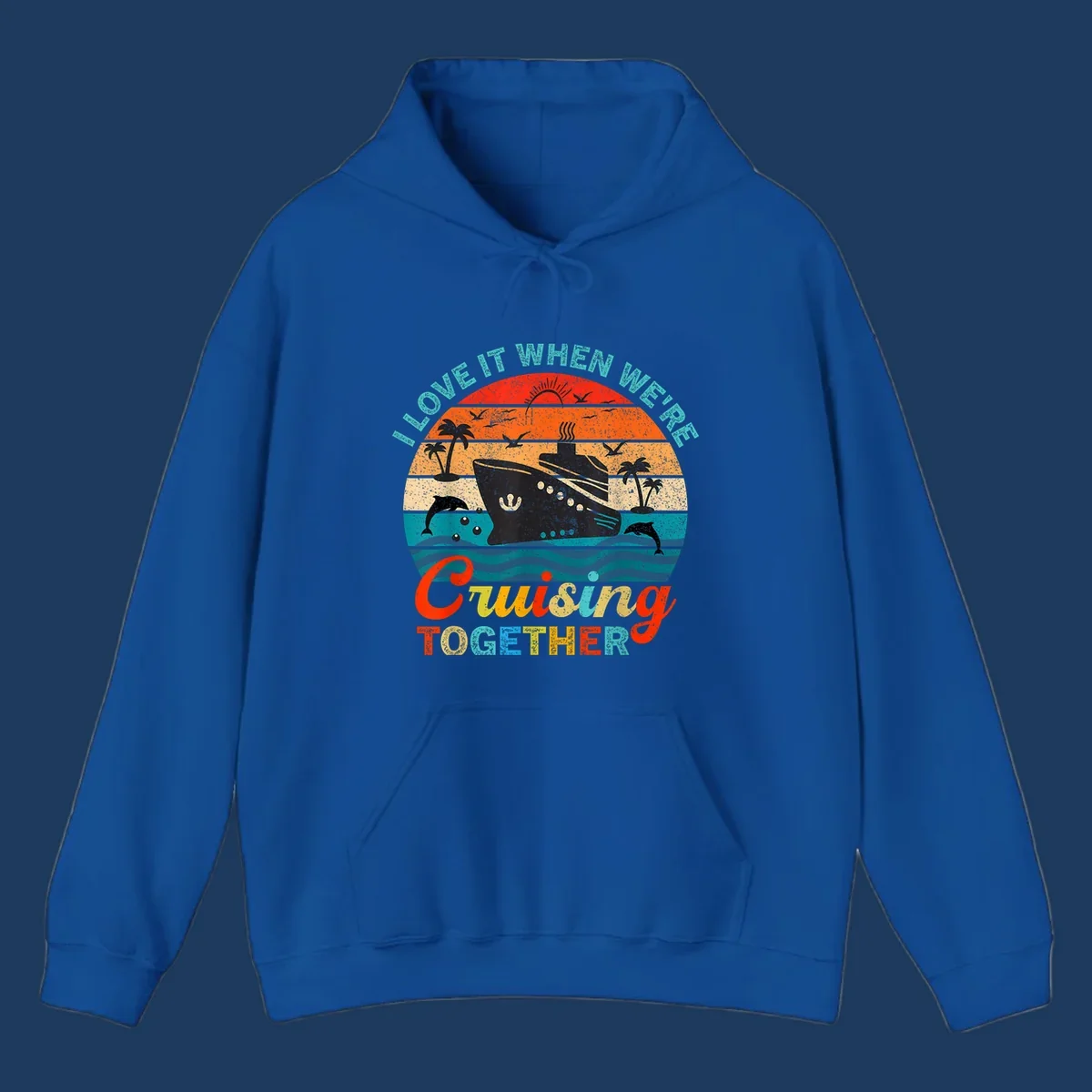Retro vintage cruise ship design with tropical sunset, palm trees, dolphins, and ocean waves in warm and cool tones with 'I Love It When We're Cruising Together' text