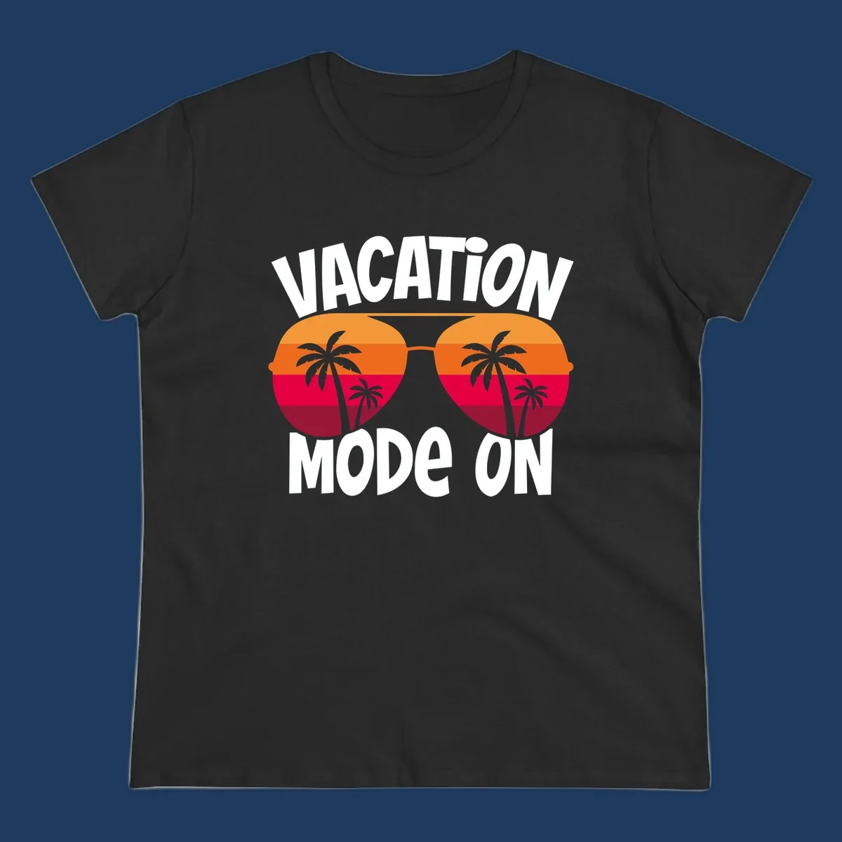 Vacation mode on design featuring oversized sunglasses with tropical sunset and palm trees inside each lens, framed by bold white text