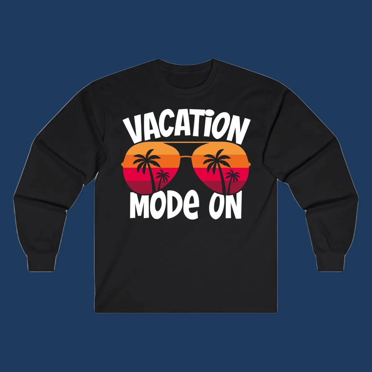 Vacation mode on design featuring oversized sunglasses with tropical sunset and palm trees inside each lens, framed by bold white text