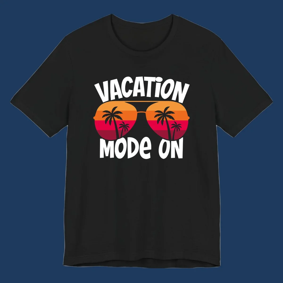 Vacation mode on design featuring oversized sunglasses with tropical sunset and palm trees inside each lens, framed by bold white text