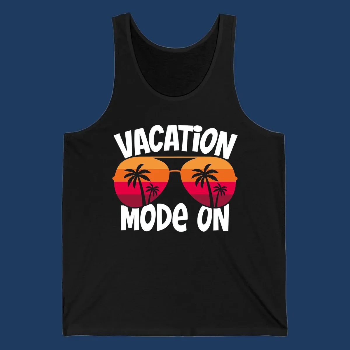 Vacation mode on design featuring oversized sunglasses with tropical sunset and palm trees inside each lens, framed by bold white text