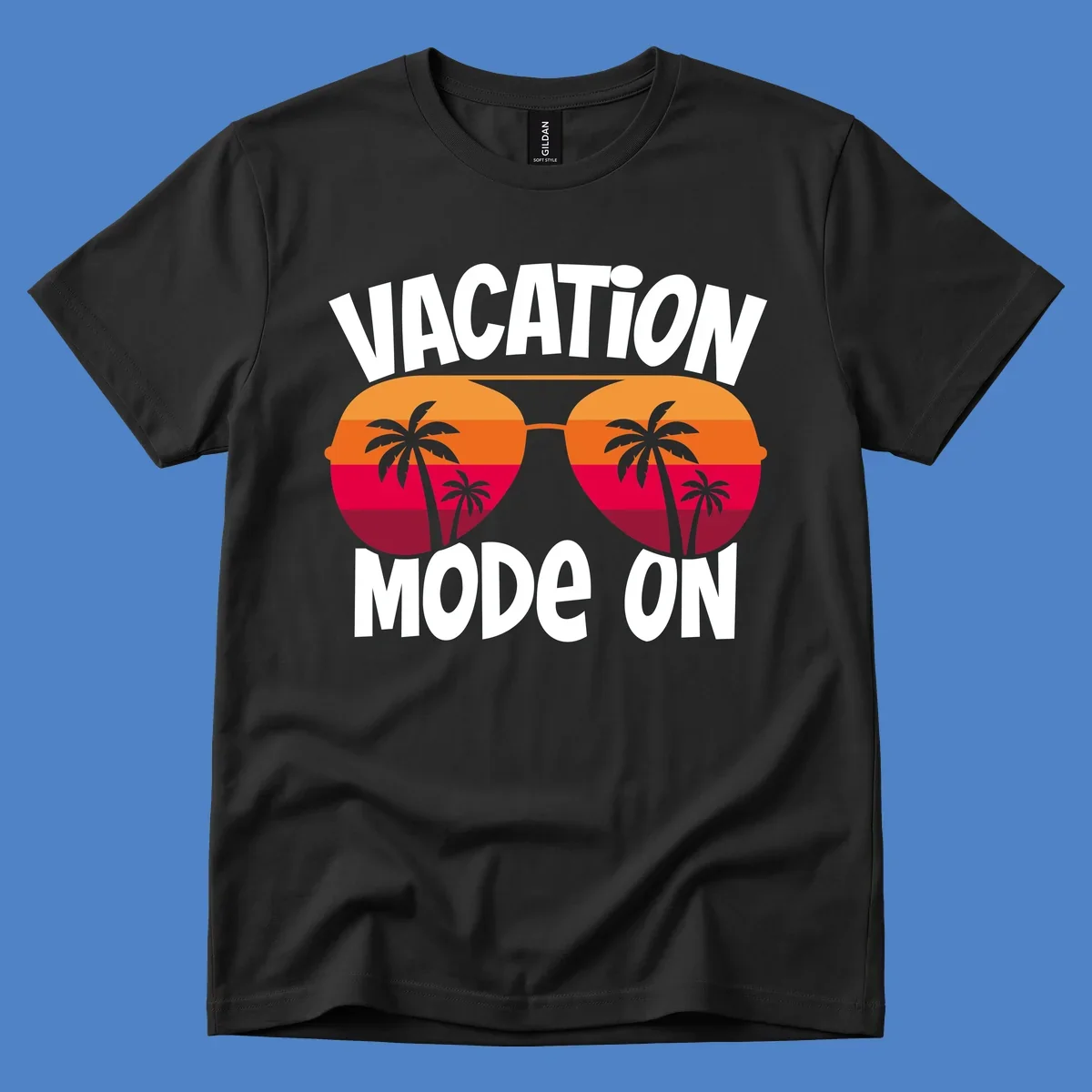 Vacation mode on design featuring oversized sunglasses with tropical sunset and palm trees inside each lens, framed by bold white text