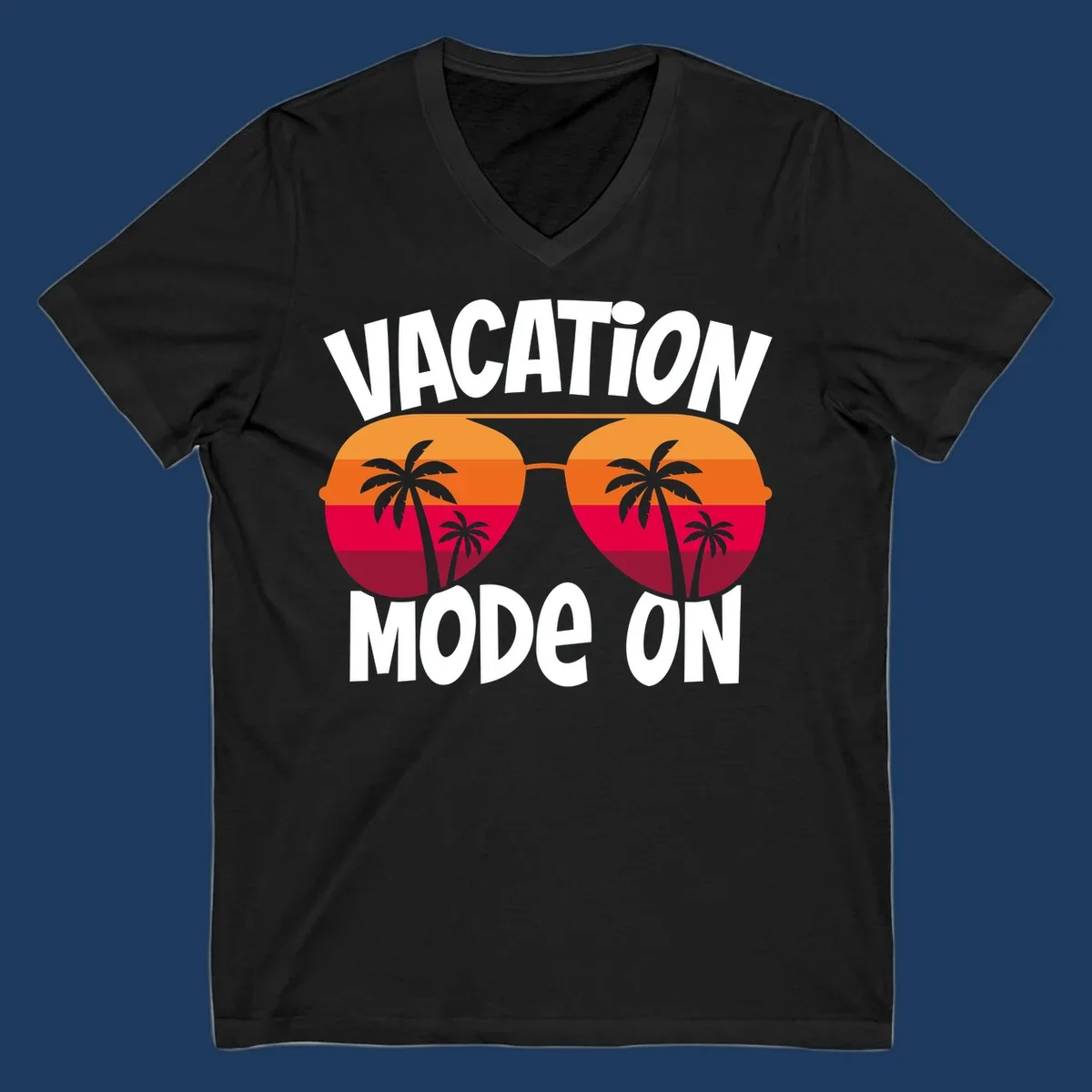 Vacation mode on design featuring oversized sunglasses with tropical sunset and palm trees inside each lens, framed by bold white text