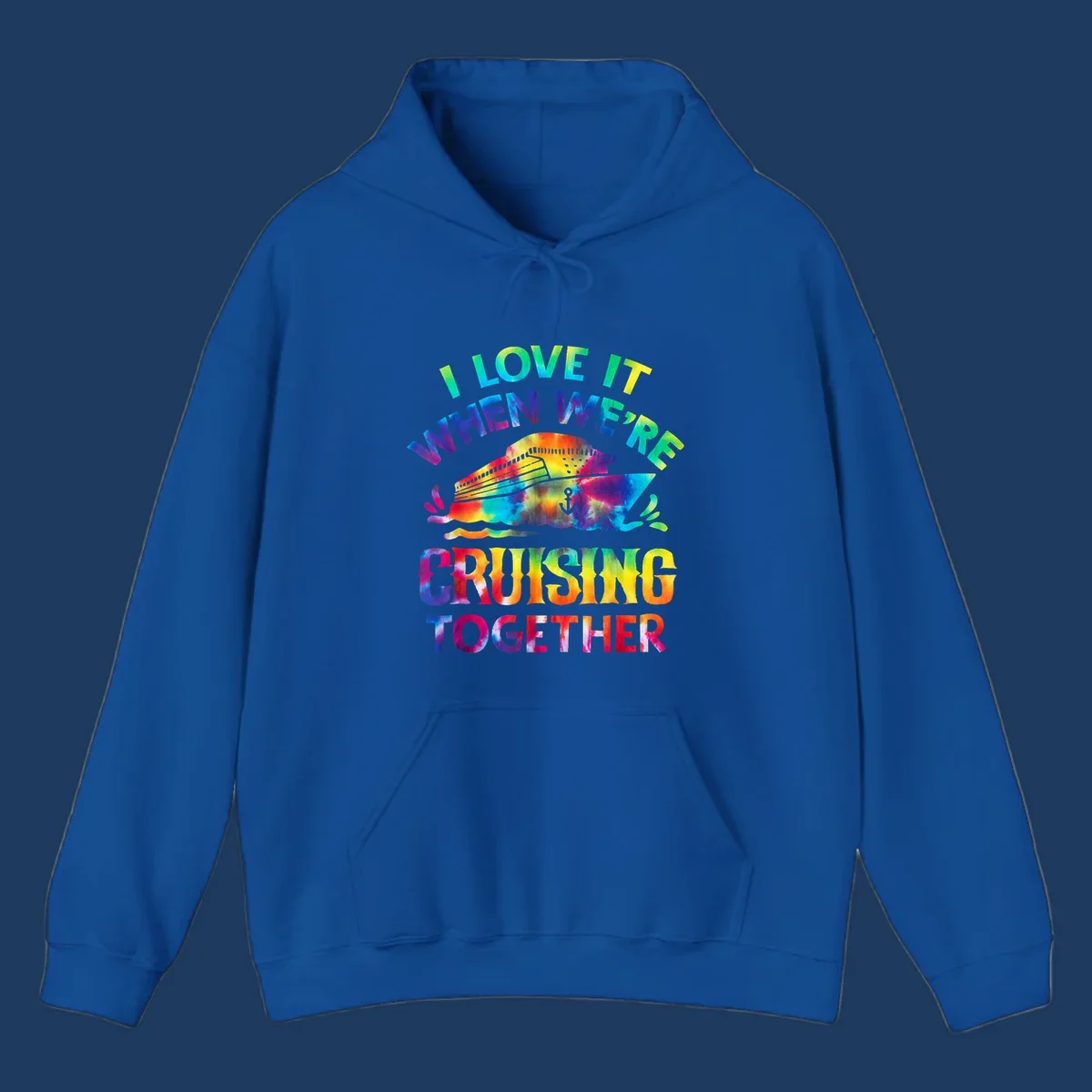 Colorful tie-dye fish with rainbow text reading 'I Love It When We're Cruising Together' on gray background