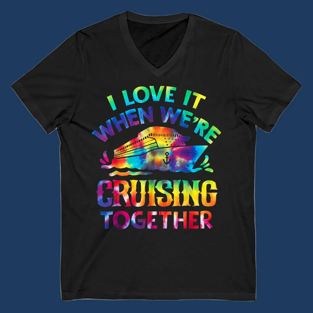 Colorful tie-dye fish with rainbow text reading 'I Love It When We're Cruising Together' on gray background
