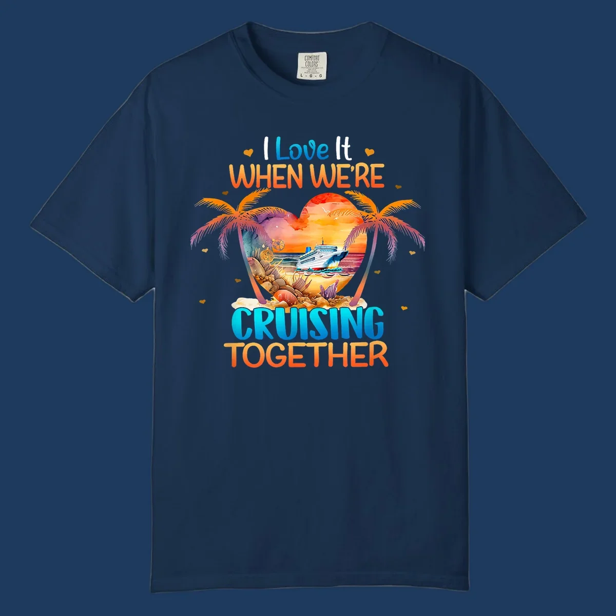 Love cruising together design with cruise ship, tropical palm trees, and sunset scene in heart frame
