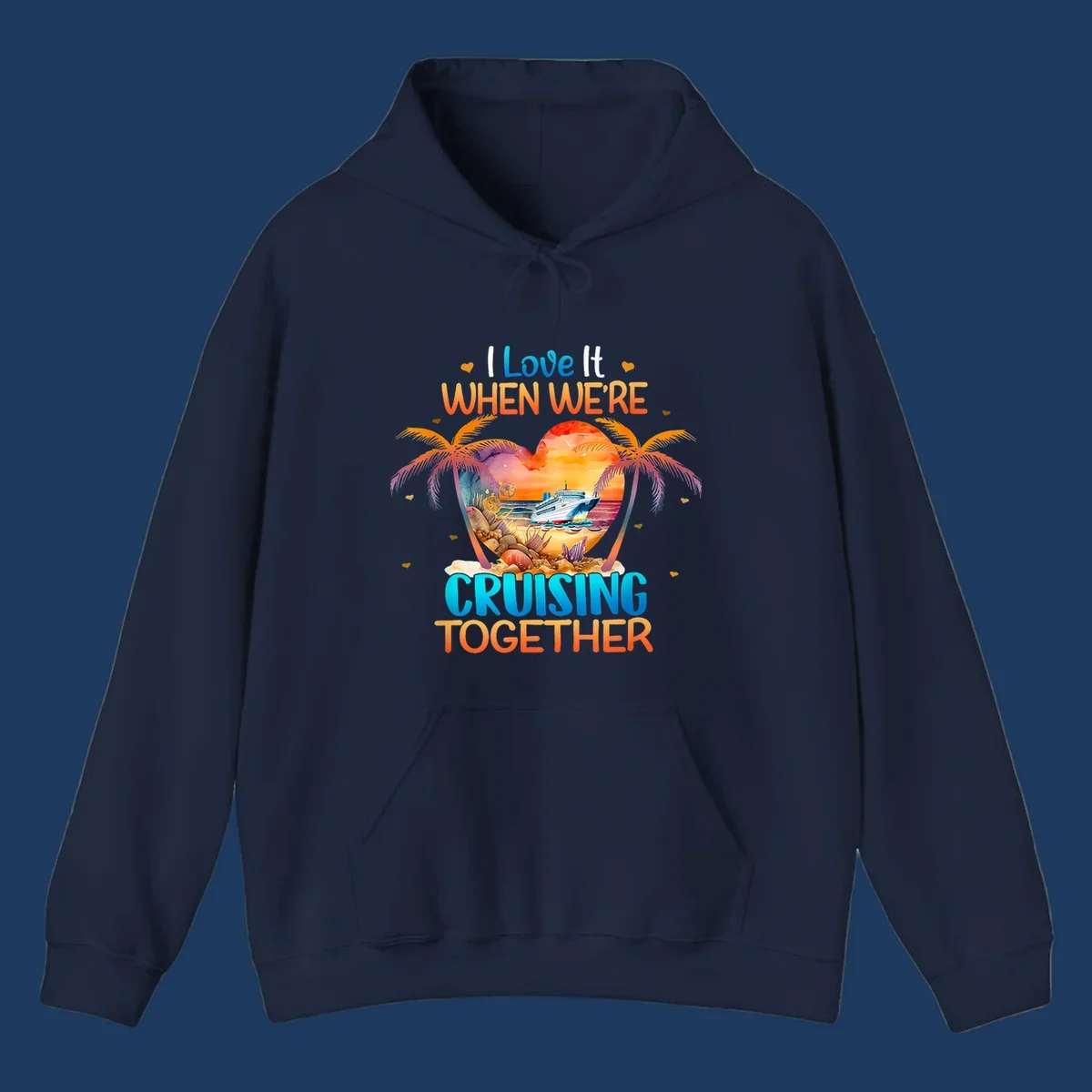 Love cruising together design with cruise ship, tropical palm trees, and sunset scene in heart frame