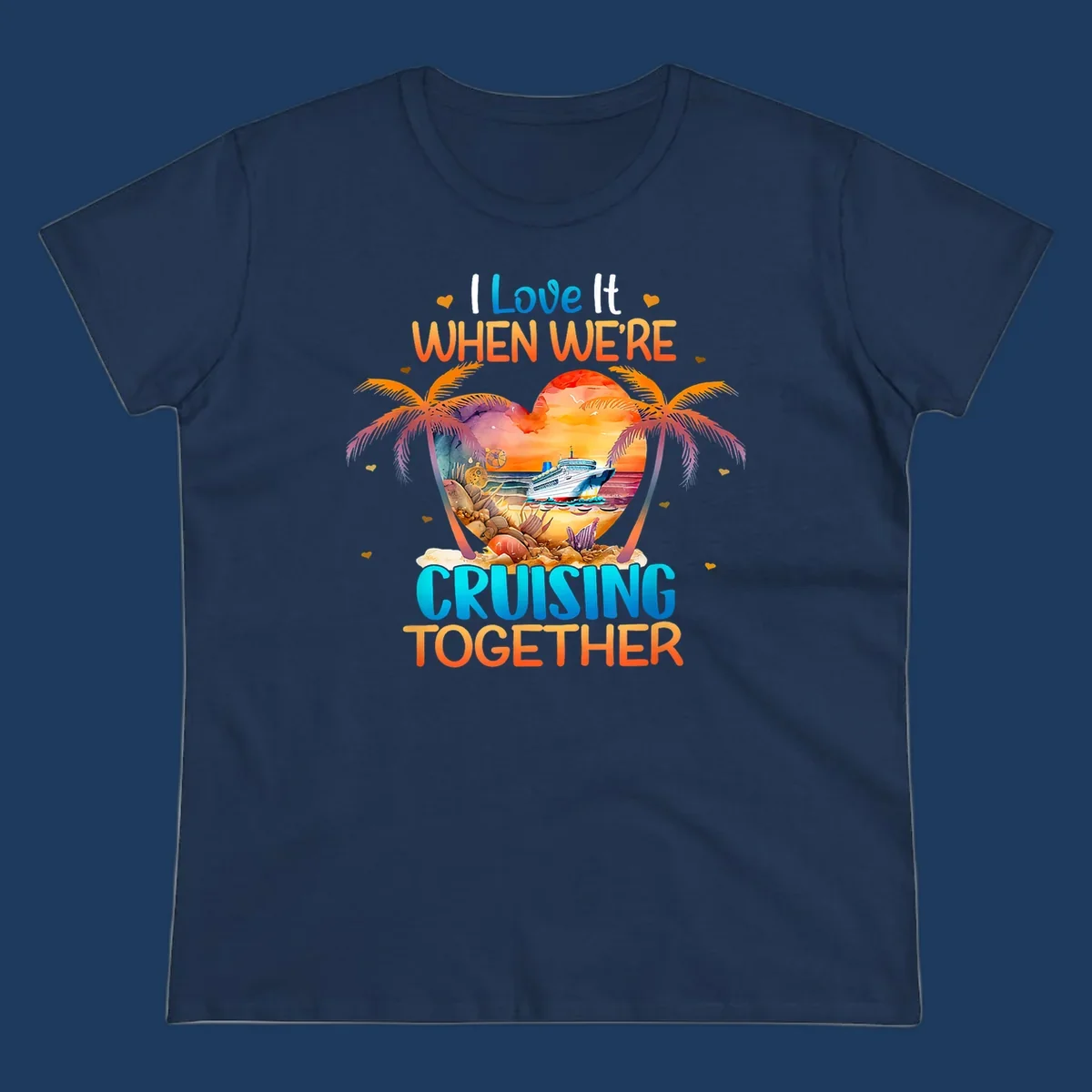 Love cruising together design with cruise ship, tropical palm trees, and sunset scene in heart frame