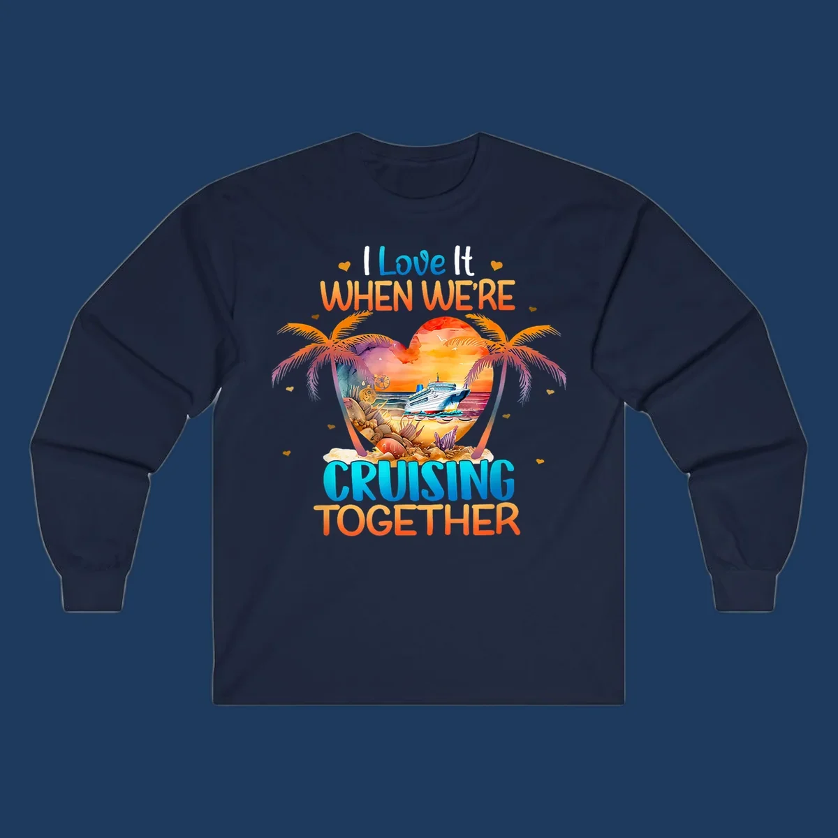 Love cruising together design with cruise ship, tropical palm trees, and sunset scene in heart frame