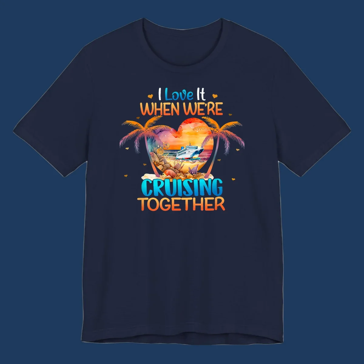 Love cruising together design with cruise ship, tropical palm trees, and sunset scene in heart frame