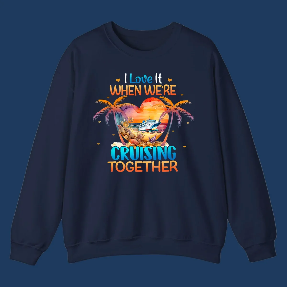 Love cruising together design with cruise ship, tropical palm trees, and sunset scene in heart frame
