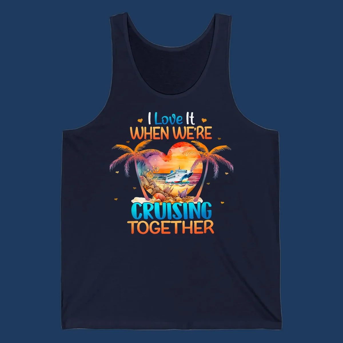 Love cruising together design with cruise ship, tropical palm trees, and sunset scene in heart frame