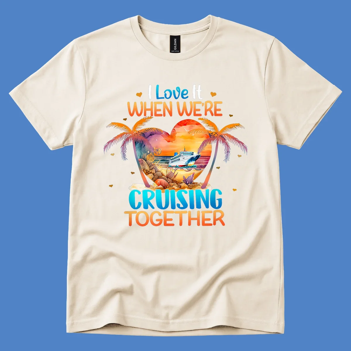 Love cruising together design with cruise ship, tropical palm trees, and sunset scene in heart frame