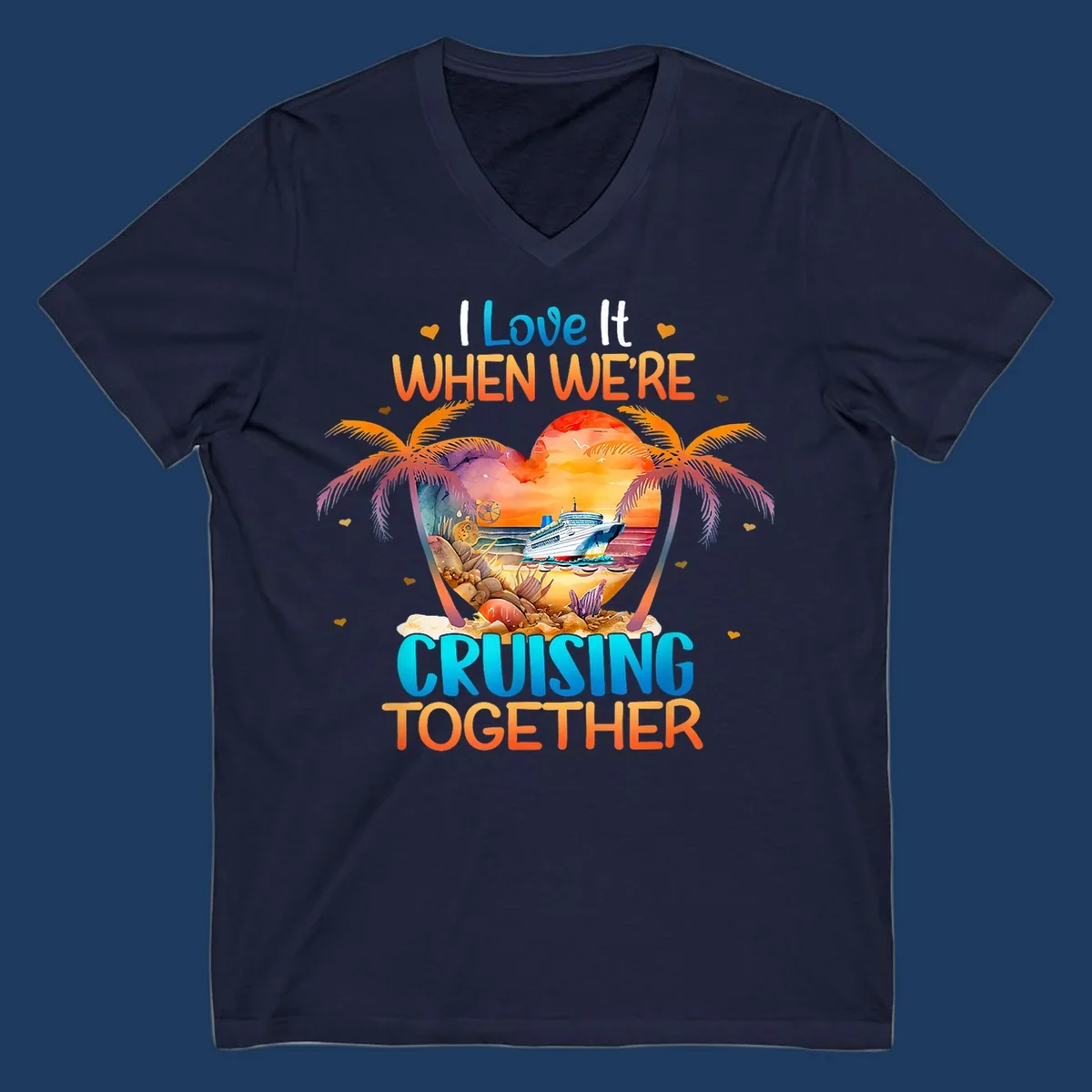 Love cruising together design with cruise ship, tropical palm trees, and sunset scene in heart frame