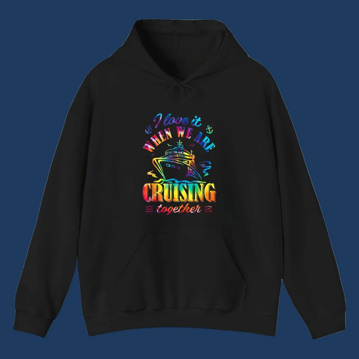 Colorful cruise ship design with 'I love it when we're cruising together' text, anchors, and waves on gray background