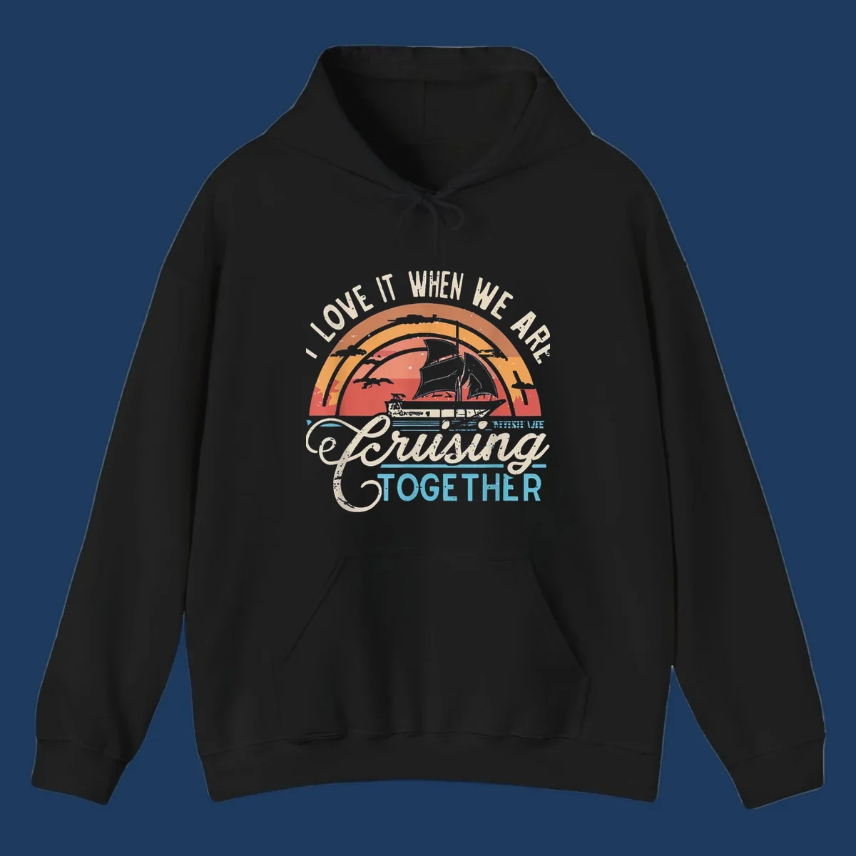 Vintage-style cruising together design with sailing ship silhouette against layered sunset arcs and ocean waves