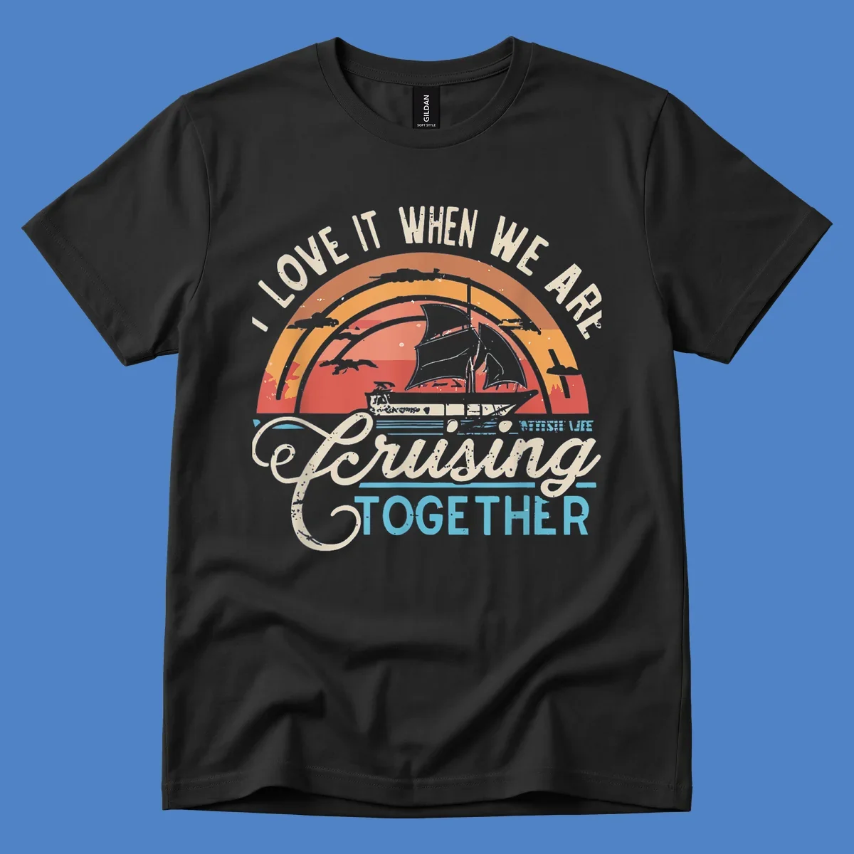 Vintage-style cruising together design with sailing ship silhouette against layered sunset arcs and ocean waves
