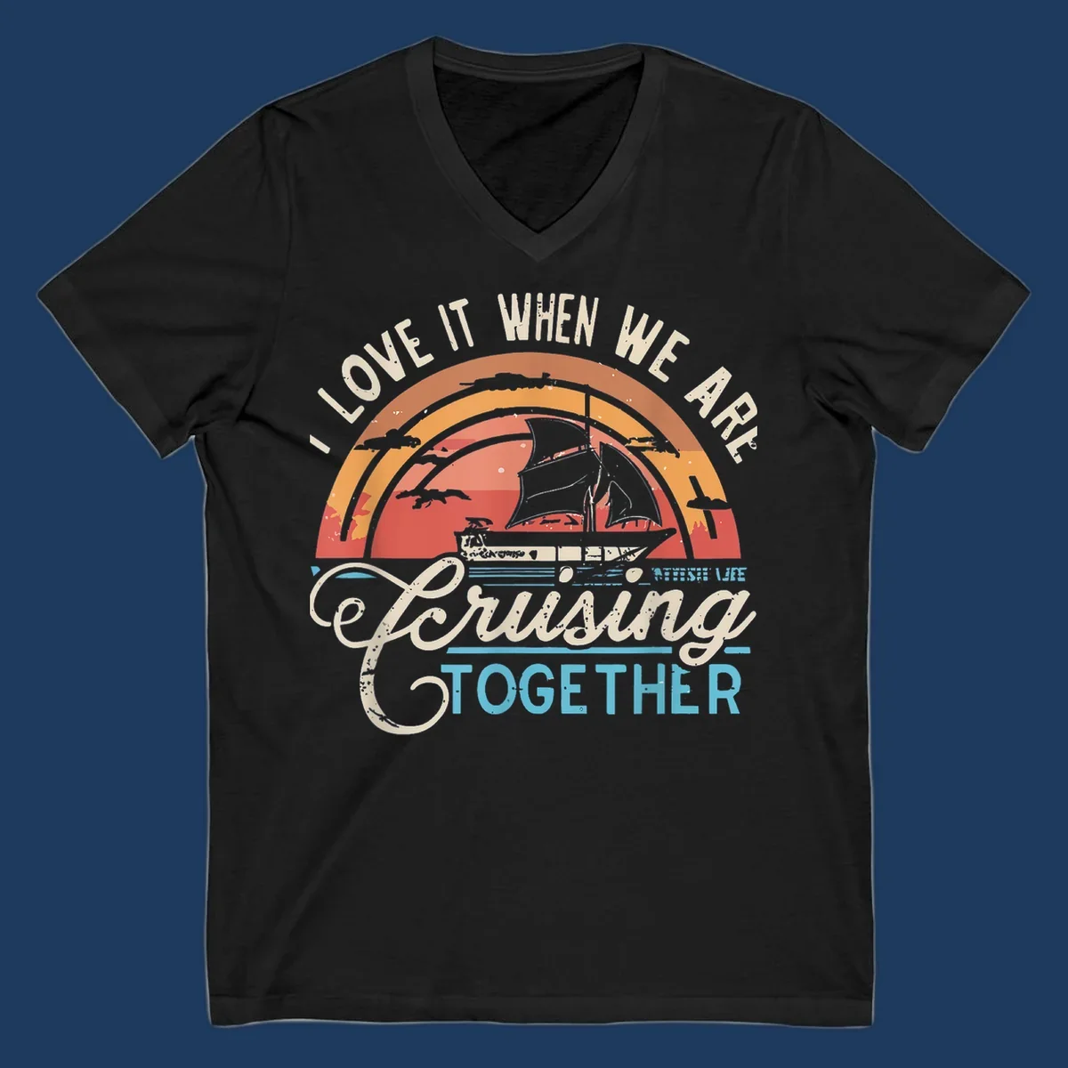 Vintage-style cruising together design with sailing ship silhouette against layered sunset arcs and ocean waves