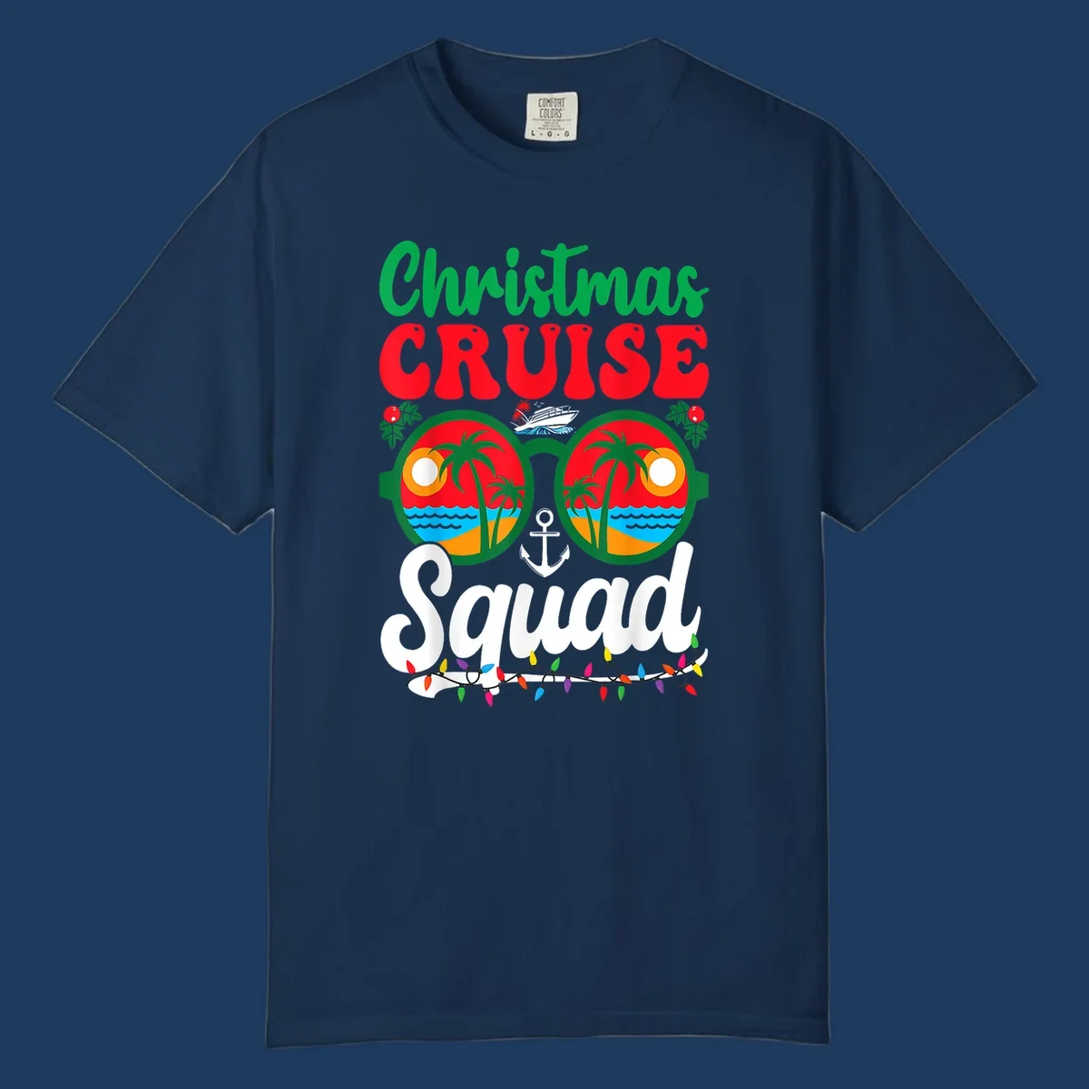 Christmas Cruise Squad design with binoculars showing tropical islands, palm trees, ocean, anchor, ship, and holiday decorations on gray background