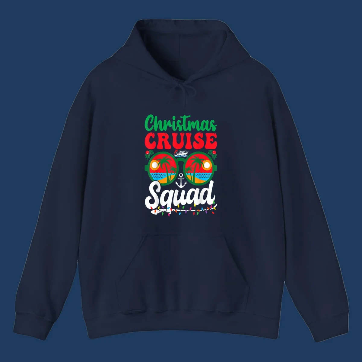 Christmas Cruise Squad design with binoculars showing tropical islands, palm trees, ocean, anchor, ship, and holiday decorations on gray background