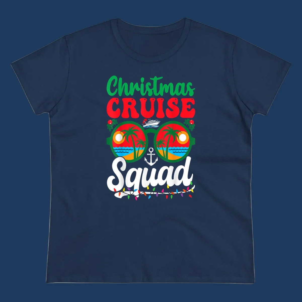 Christmas Cruise Squad design with binoculars showing tropical islands, palm trees, ocean, anchor, ship, and holiday decorations on gray background