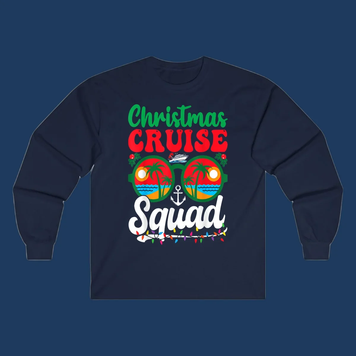 Christmas Cruise Squad design with binoculars showing tropical islands, palm trees, ocean, anchor, ship, and holiday decorations on gray background