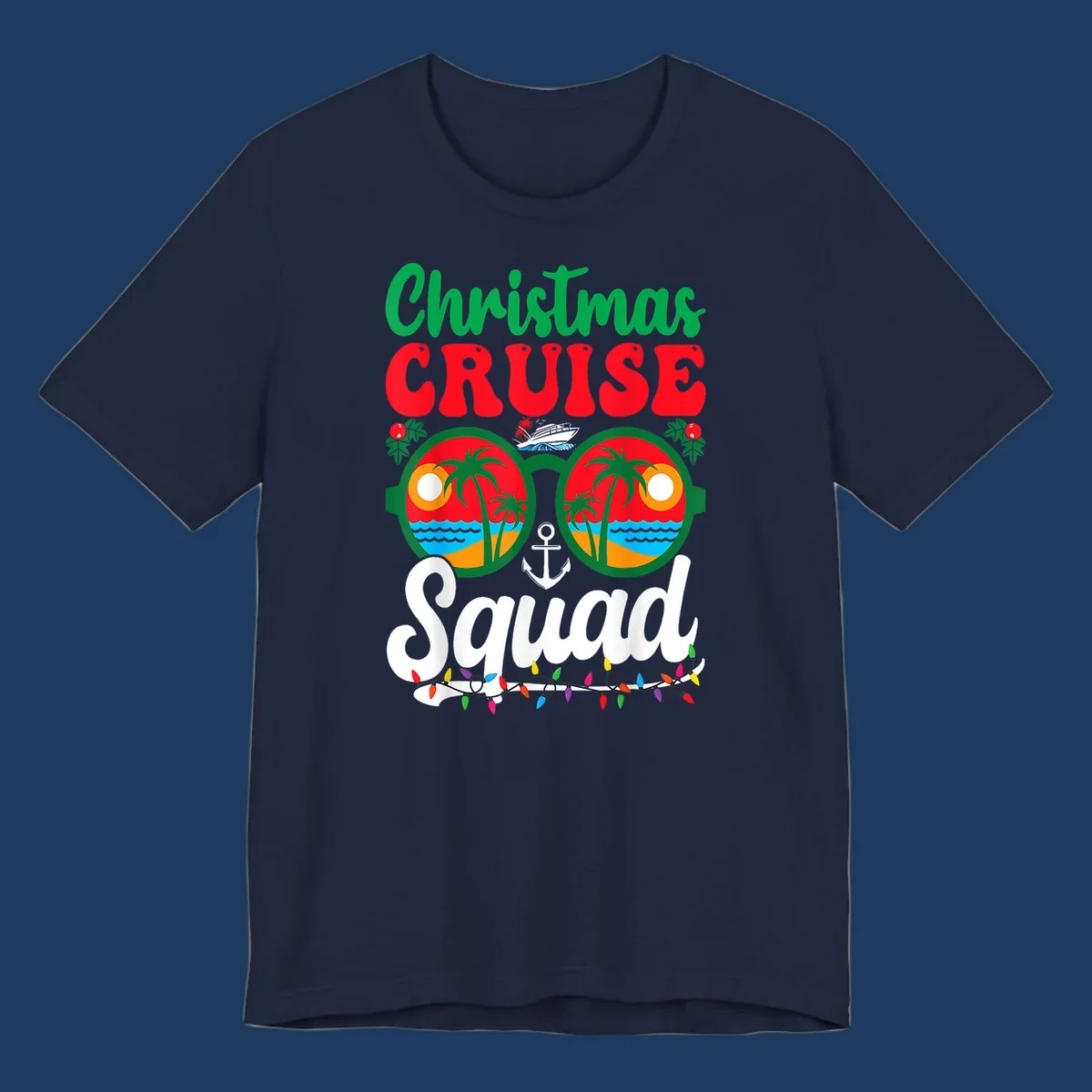 Christmas Cruise Squad design with binoculars showing tropical islands, palm trees, ocean, anchor, ship, and holiday decorations on gray background