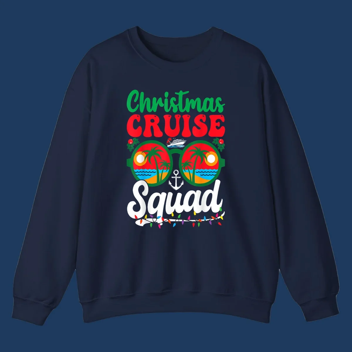 Christmas Cruise Squad design with binoculars showing tropical islands, palm trees, ocean, anchor, ship, and holiday decorations on gray background