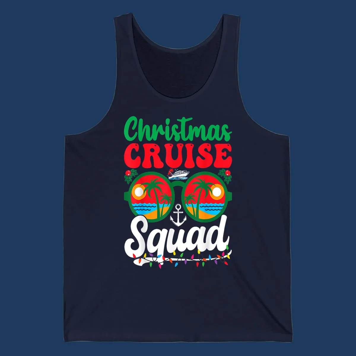 Christmas Cruise Squad design with binoculars showing tropical islands, palm trees, ocean, anchor, ship, and holiday decorations on gray background