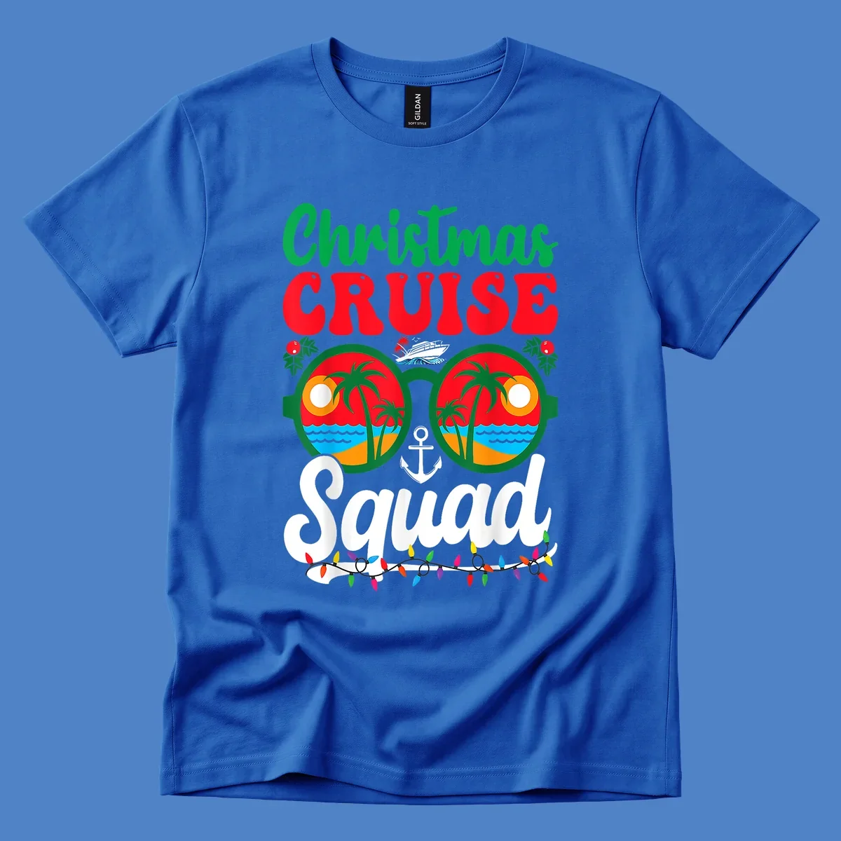 Christmas Cruise Squad design with binoculars showing tropical islands, palm trees, ocean, anchor, ship, and holiday decorations on gray background