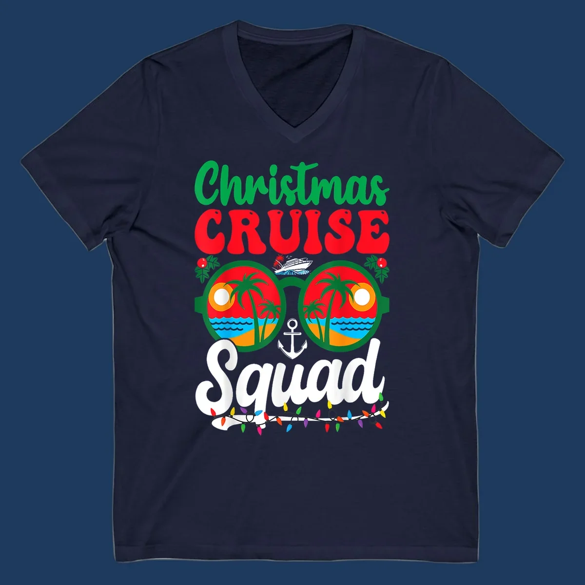 Christmas Cruise Squad design with binoculars showing tropical islands, palm trees, ocean, anchor, ship, and holiday decorations on gray background