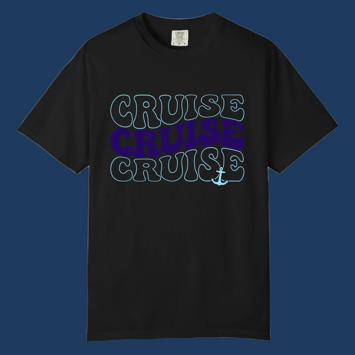 Cruise repeat anchor design with navy and light blue text on gray background, featuring the word cruise repeated three times with a small anchor icon