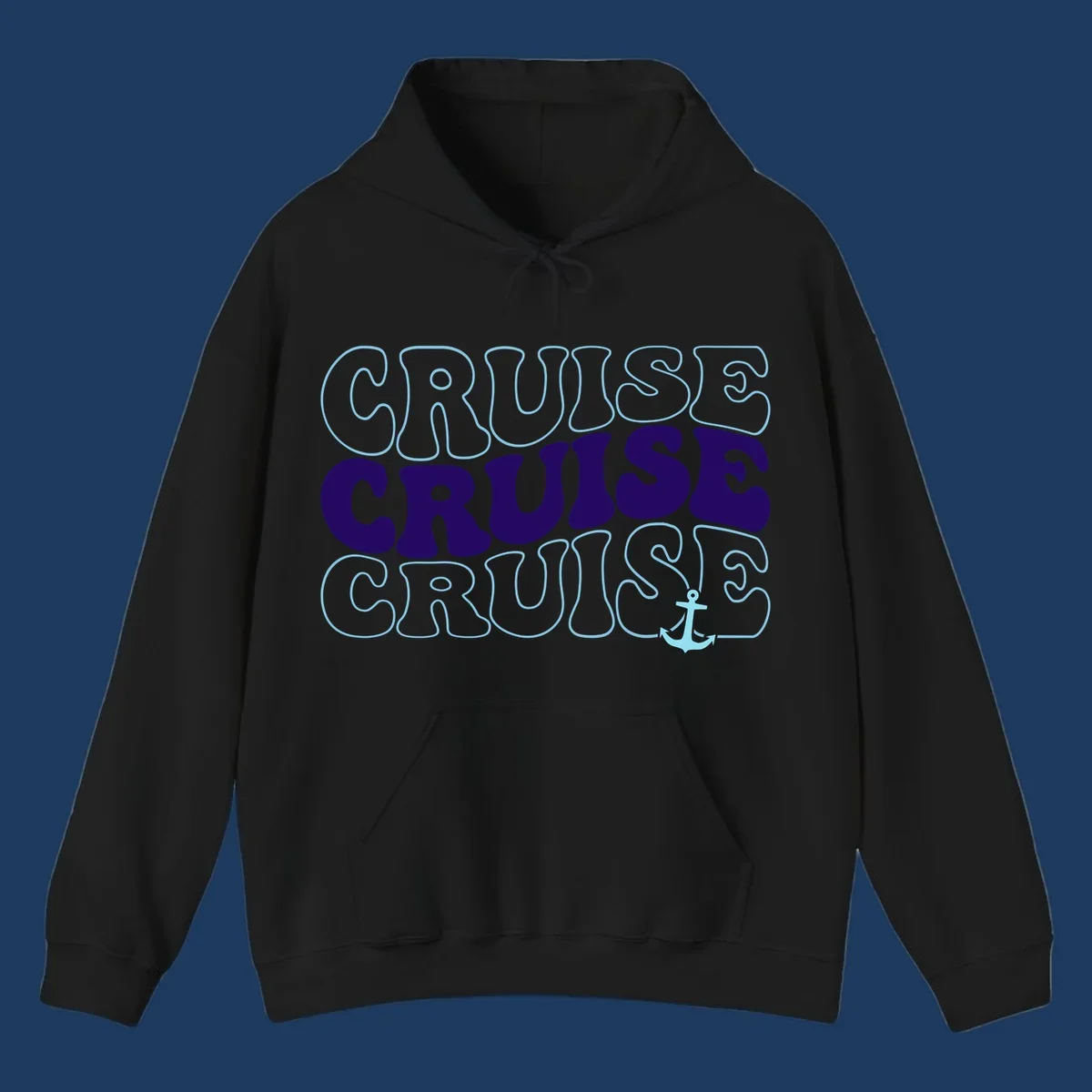 Cruise repeat anchor design with navy and light blue text on gray background, featuring the word cruise repeated three times with a small anchor icon