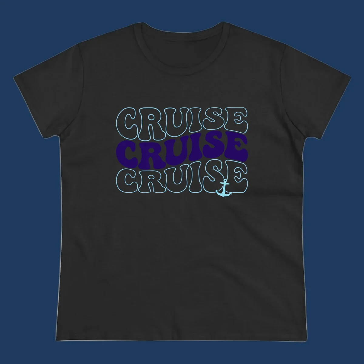 Cruise repeat anchor design with navy and light blue text on gray background, featuring the word cruise repeated three times with a small anchor icon