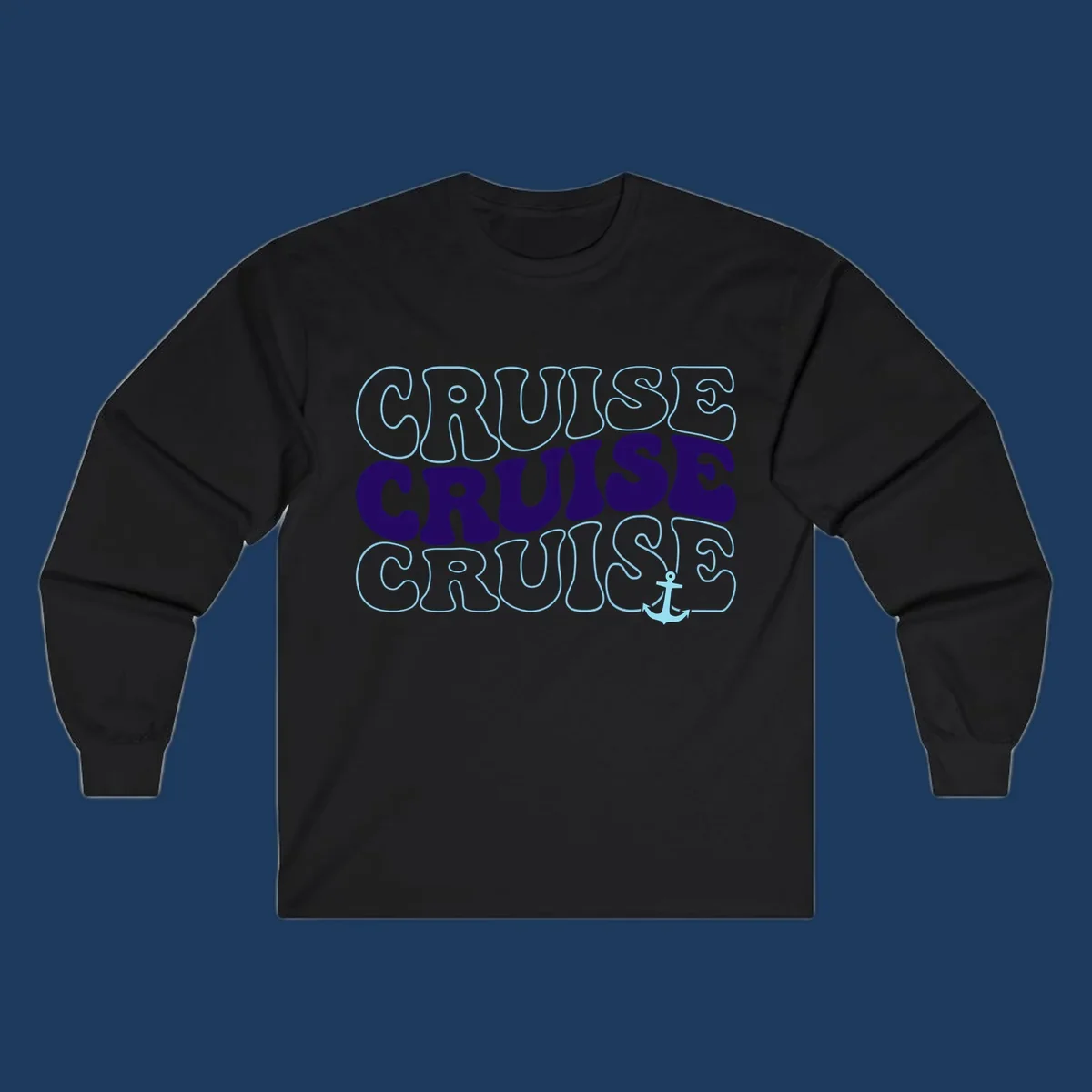 Cruise repeat anchor design with navy and light blue text on gray background, featuring the word cruise repeated three times with a small anchor icon