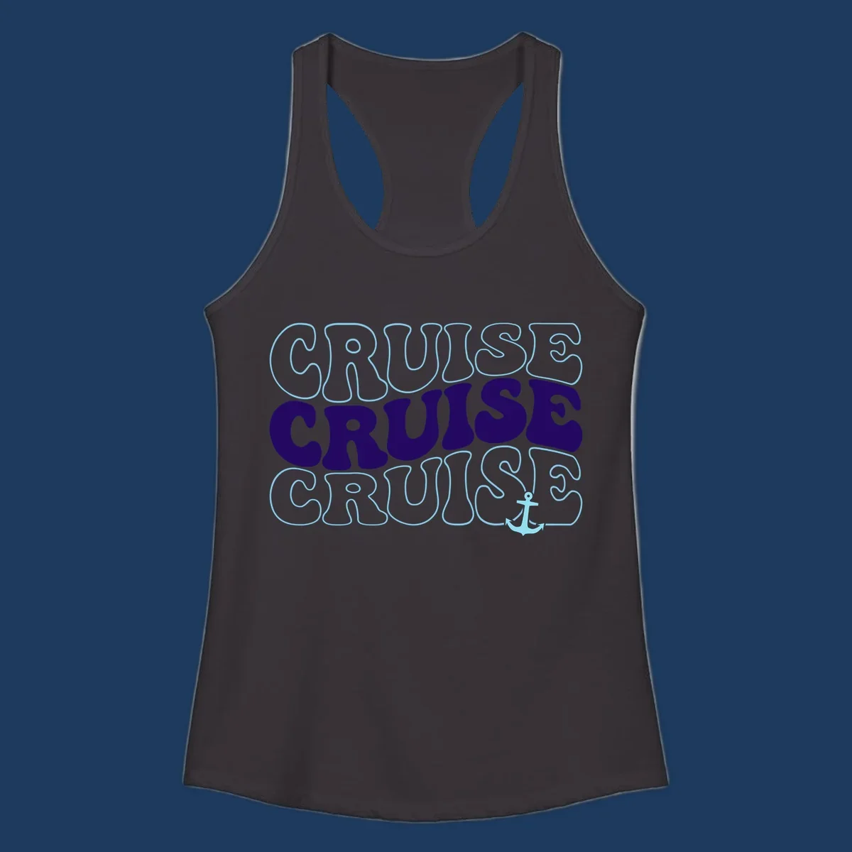 Cruise repeat anchor design with navy and light blue text on gray background, featuring the word cruise repeated three times with a small anchor icon