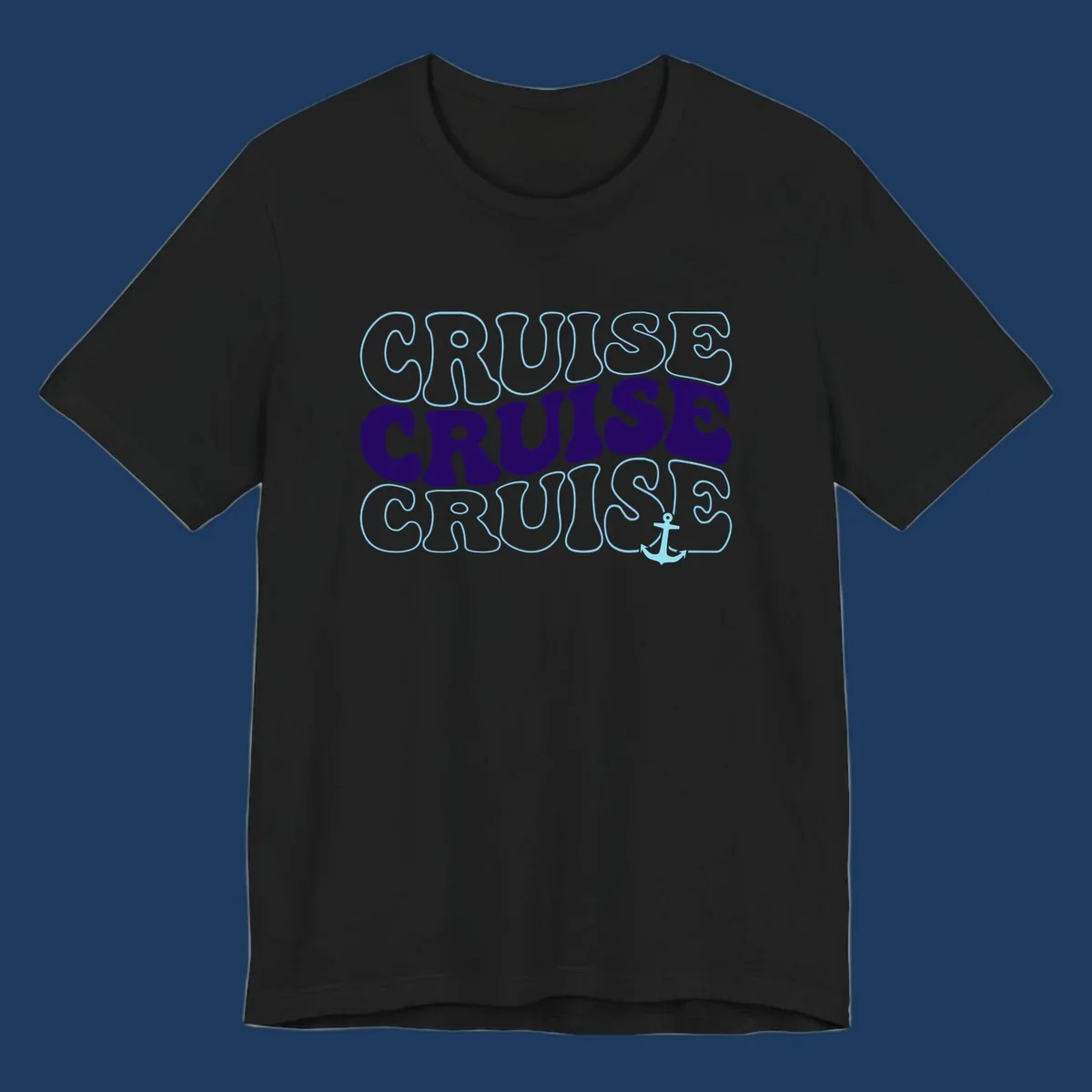 Cruise repeat anchor design with navy and light blue text on gray background, featuring the word cruise repeated three times with a small anchor icon